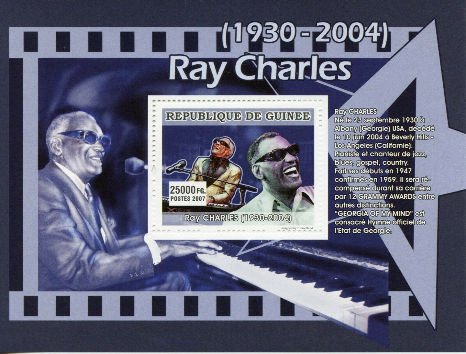 Guinea Music Stamps 2007 MNH Ray Charles Famous People Singers 1v S/S