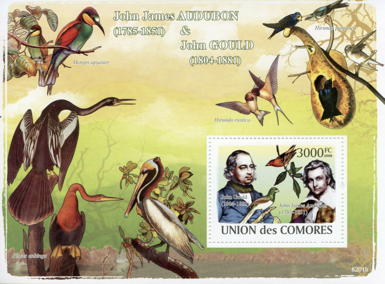 Comoros Birds on Stamps 2008 MNH John James Audubon & John Gould Art 1v S/S
