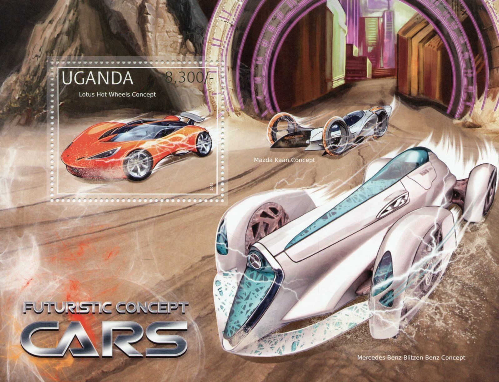 Uganda Cars Stamps 2012 MNH Futuristic Concept Lotus Hot Wheels Mazda Kaan 1v SS