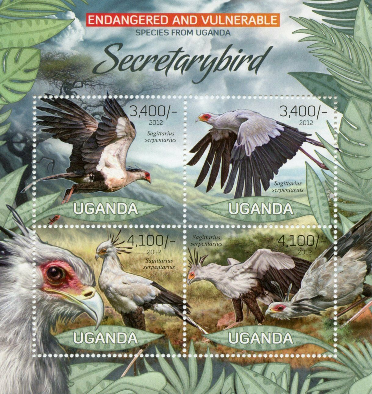 Uganda Birds of Prey on Stamps 2012 MNH Secretarybird Endangered Species 4v M/S