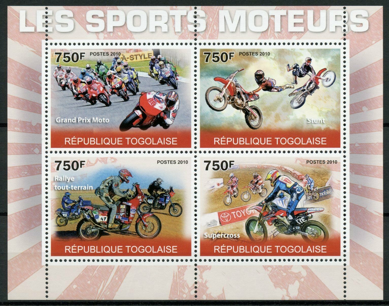 Togo Motorcycles Stamps 2010 MNH Motorsport Grand Prix Moto Supercross 4v M/S