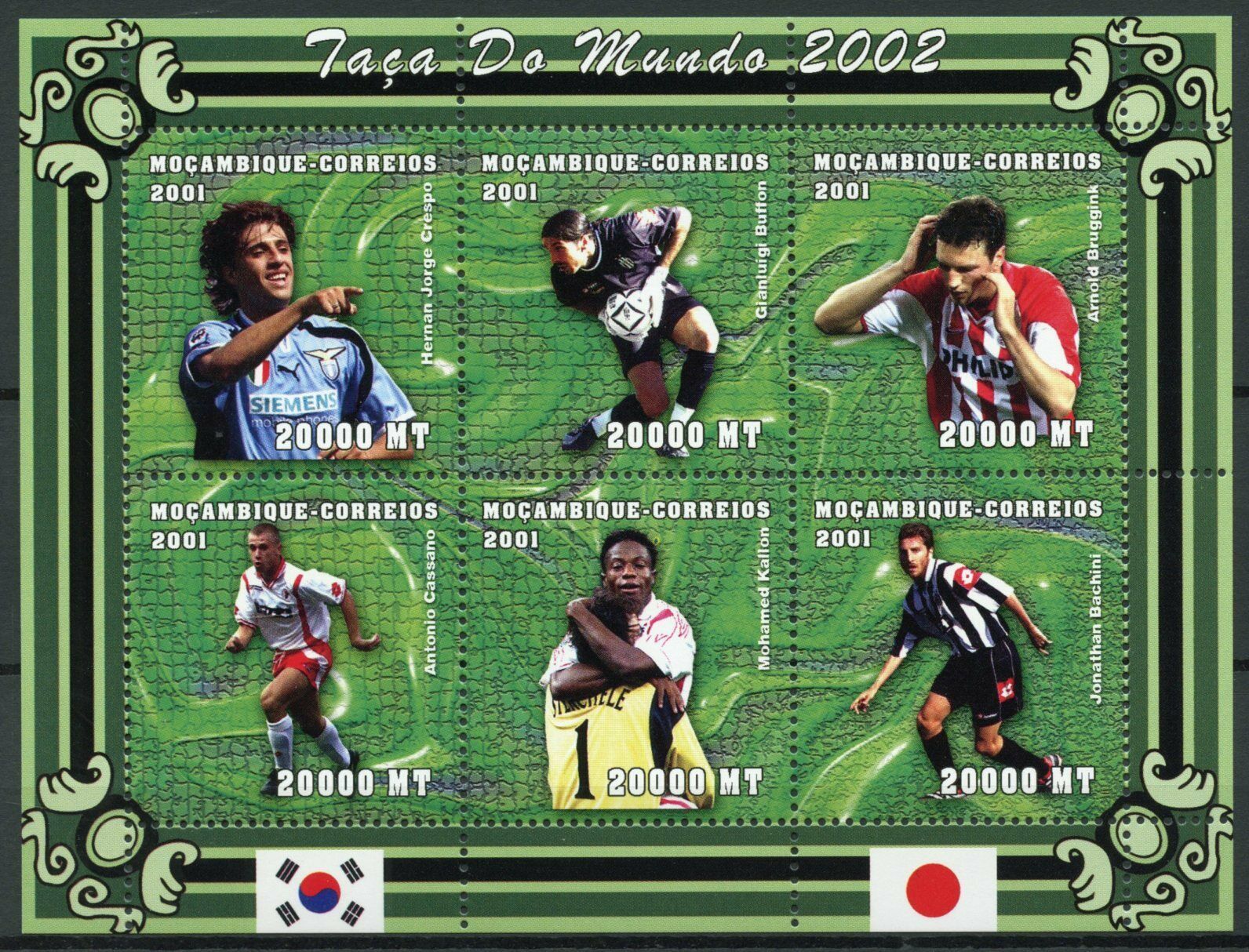 Mozambique Football Stamps 2001 MNH World Cup Crespo Buffon Soccer 6v M/S II
