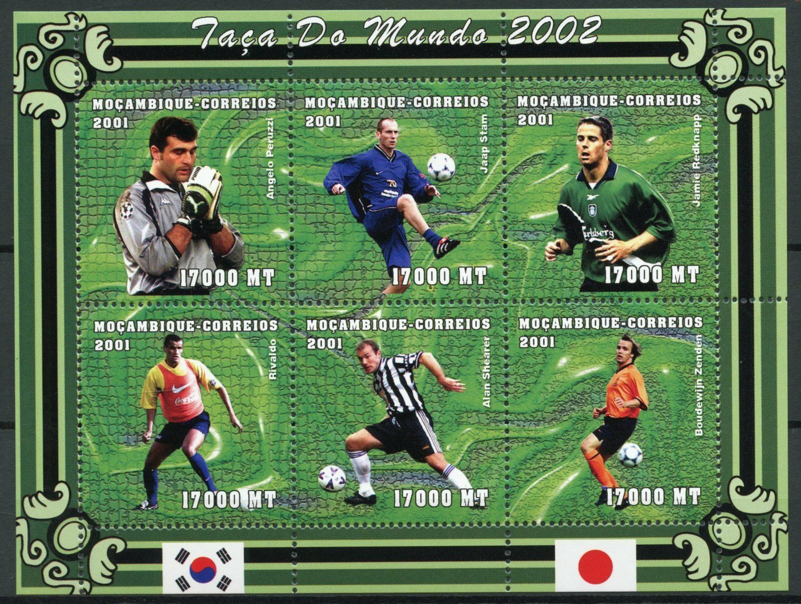 Mozambique Football Stamps 2001 MNH World Cup Alan Shearer Rivaldo 6v M/S III