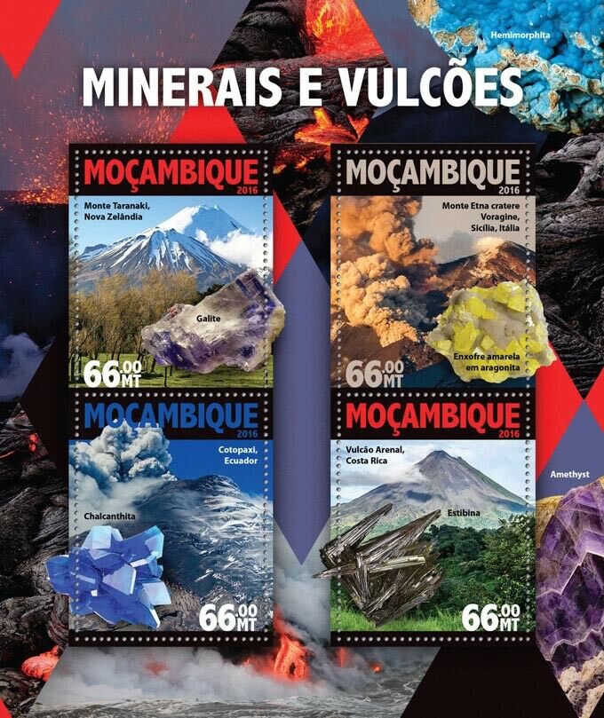 Mozambique Minerals & Volcanoes Stamps 2016 MNH Mount Taranaki Etna 4v M/S