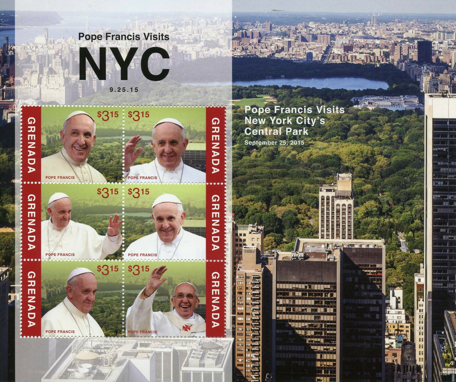 Grenada 2015 MNH Pope Francis Visits NYC Central Park New York City 6v M/S Popes