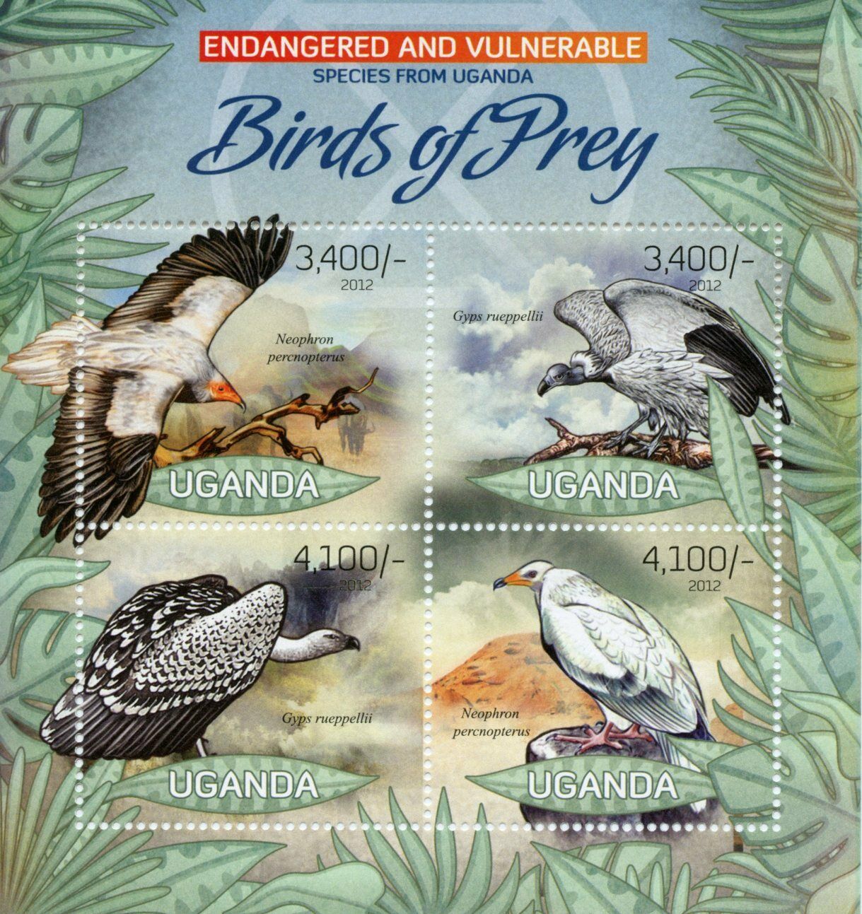 Uganda Birds of Prey on Stamps 2012 MNH Vultures Endangered Species 4v M/S I