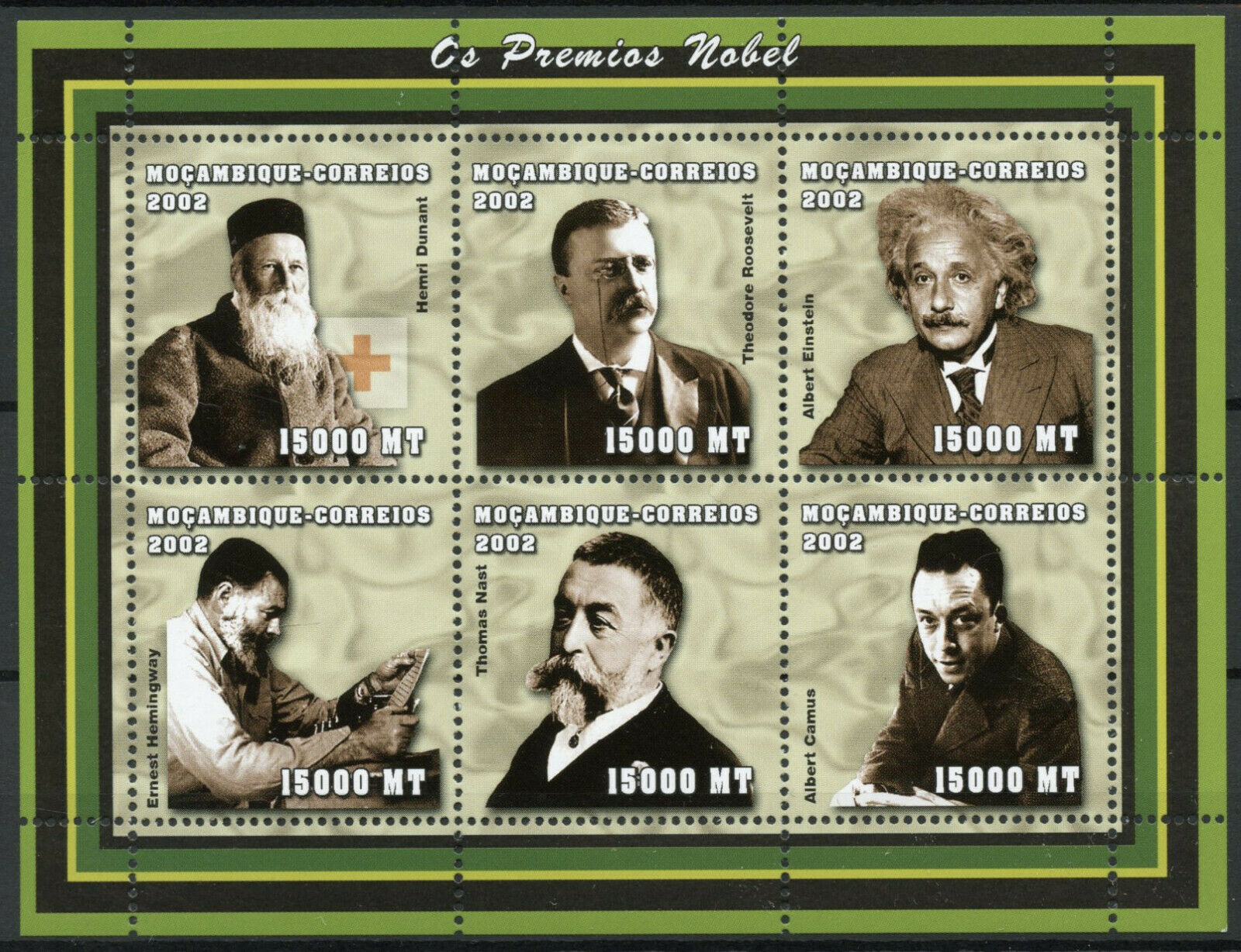 Mozamibique Nobel Prize Stamps 2002 MNH Einstein Dunant Roosevelt Camus 6v M/S