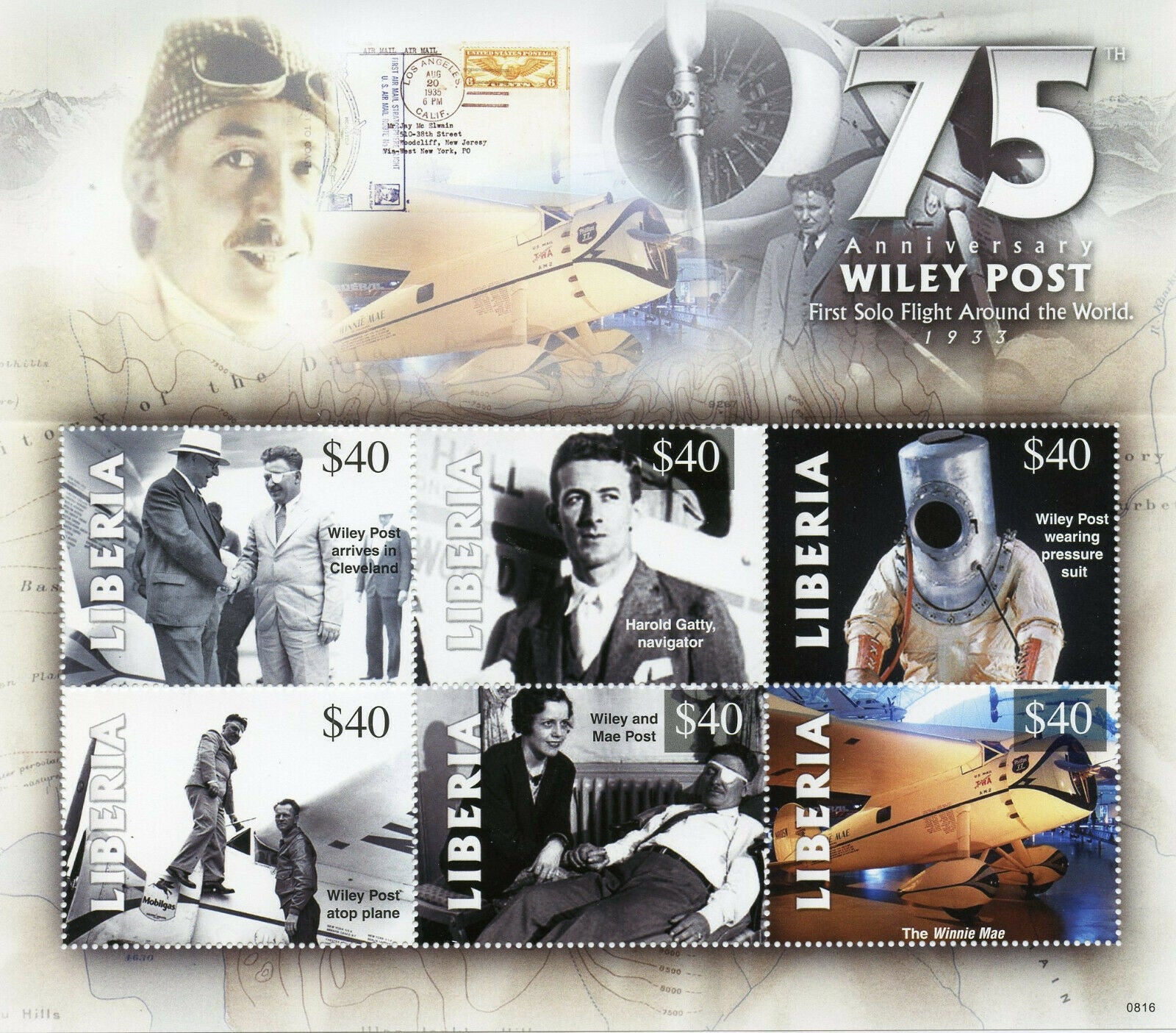 Liberia Aviation Stamps 2008 MNH Wiley Post 75th Anniv First Solo Flight 6v M/S