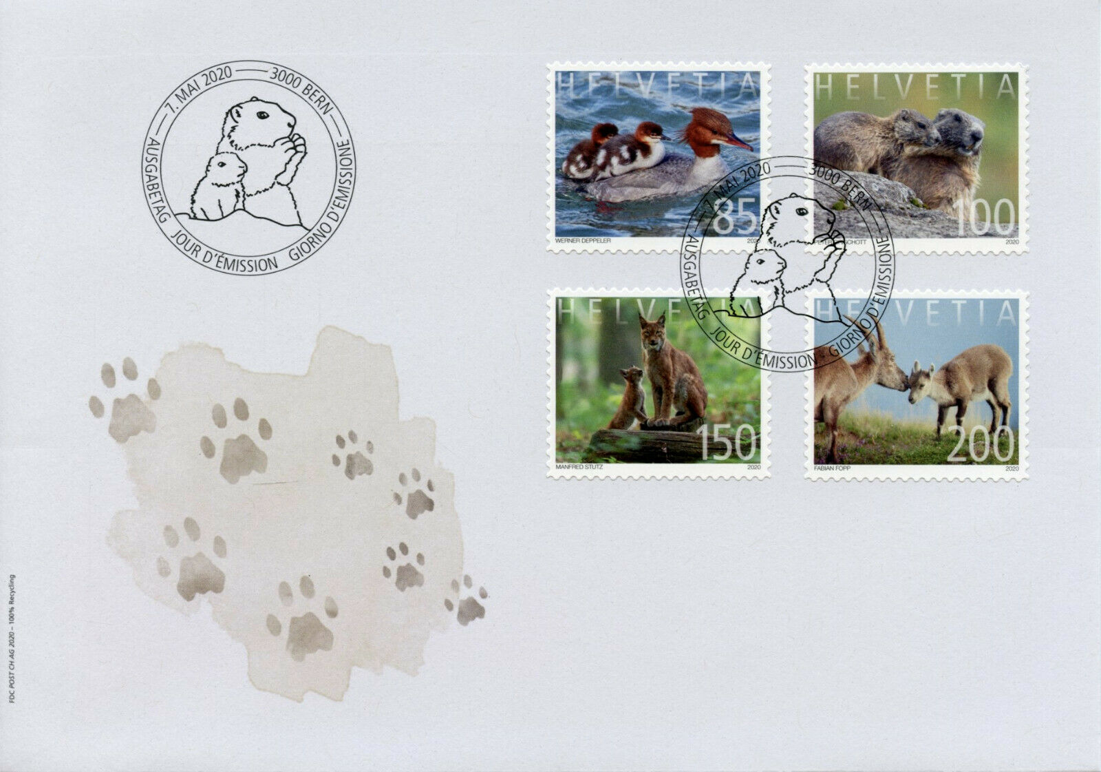 Switzerland Wild Animals 2020 FDC Animal Families Marmots Lynx Birds 4v S/A Set