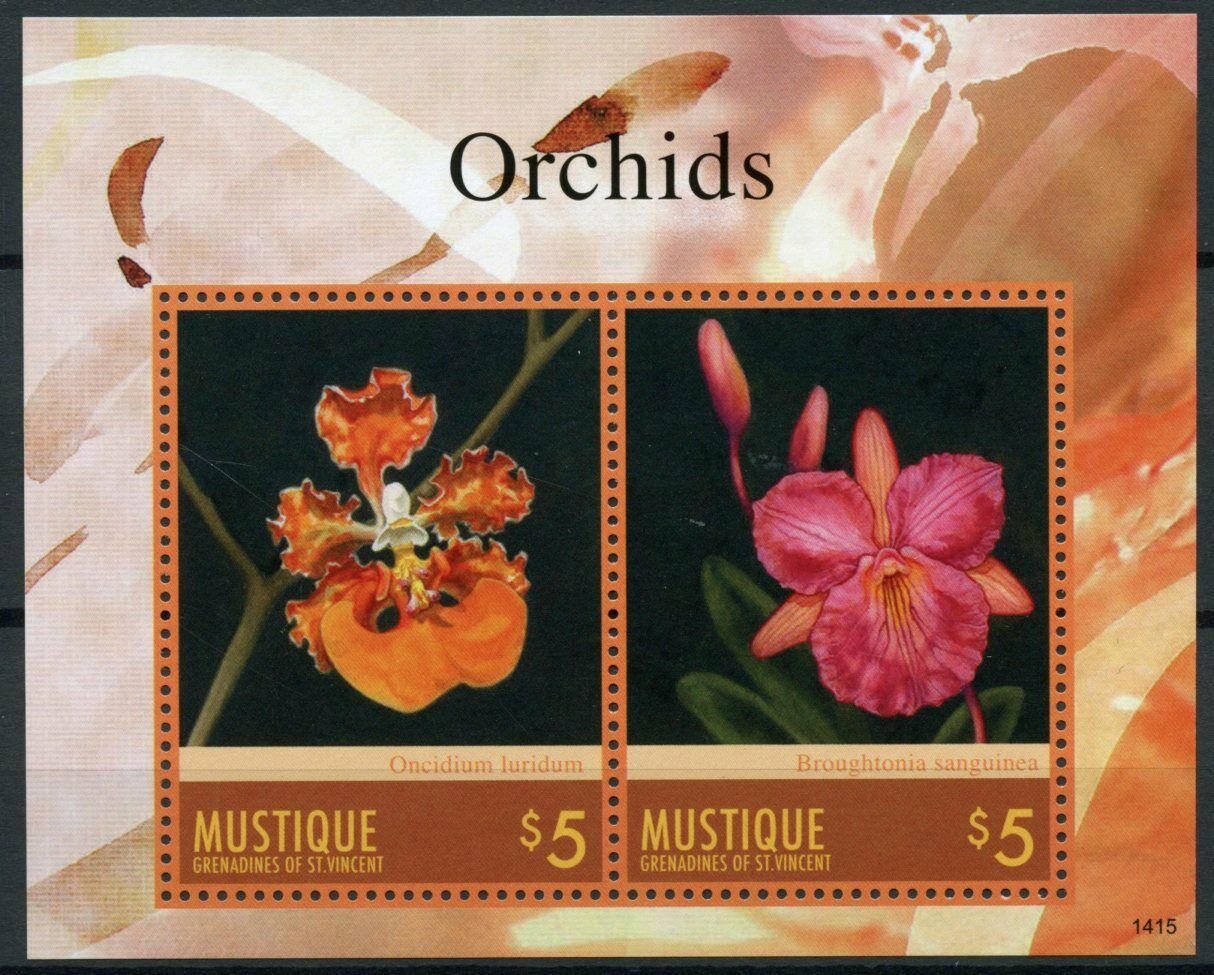 Mustique Gren St Vincent Flowers Stamps 2014 MNH Orchids Flora Nature 2v S/S II