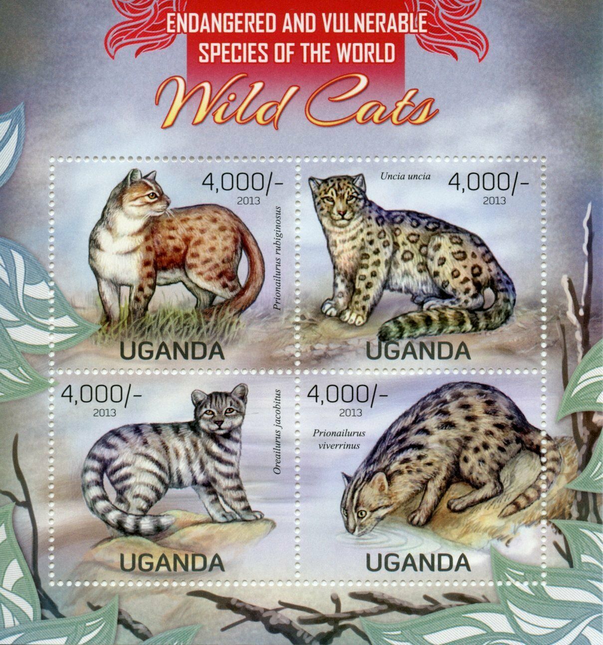 Uganda Wild Animals Stamps 2013 MNH Wild Cats Endangered Species Fauna 4v M/S