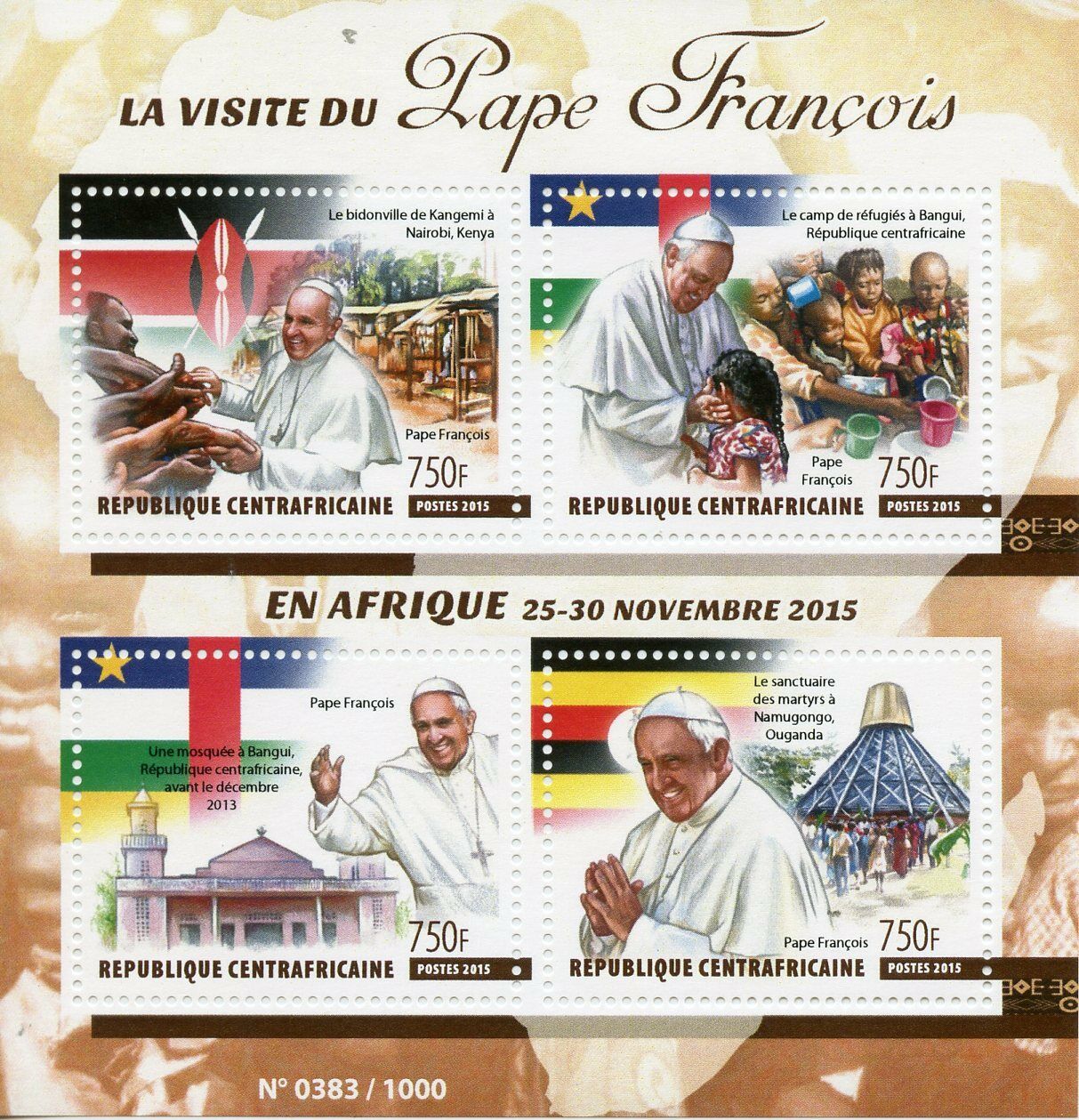 Central African Rep Pope Francis Stamps 2015 MNH Visit Africa Mosques 4v M/S