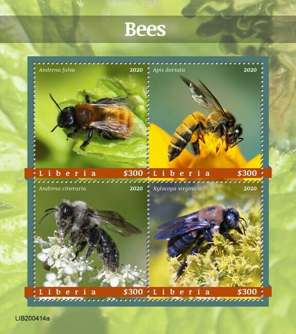 Liberia Bees Stamps 2020 MNH Giant Honey Bee Tawny Mining Bee Insects 4v M/S