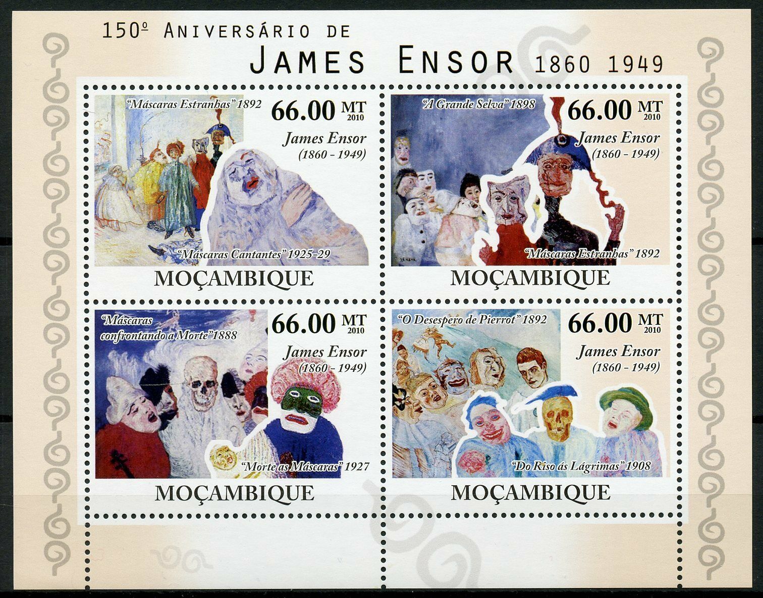Mozambique Art Stamps 2010 MNH James Ensor Belgian Painter Paintings 4v M/S