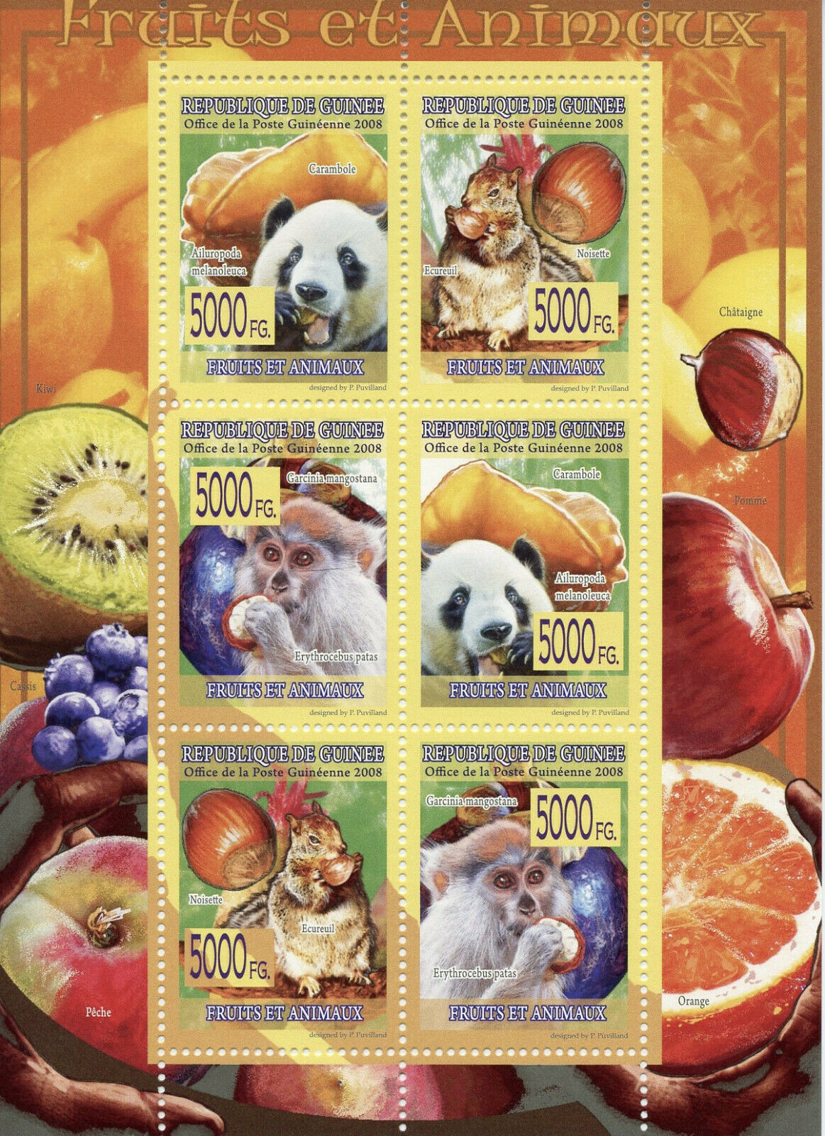 Guinea Fruits & Wild Animals Stamps 2008 MNH Pandas Squirrels Monkeys 6v M/S