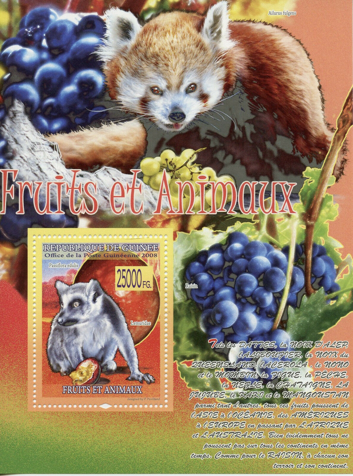 Guinea Fruits & Wild Animals Stamps 2008 MNH Lemurs Primates Nature 1v S/S I