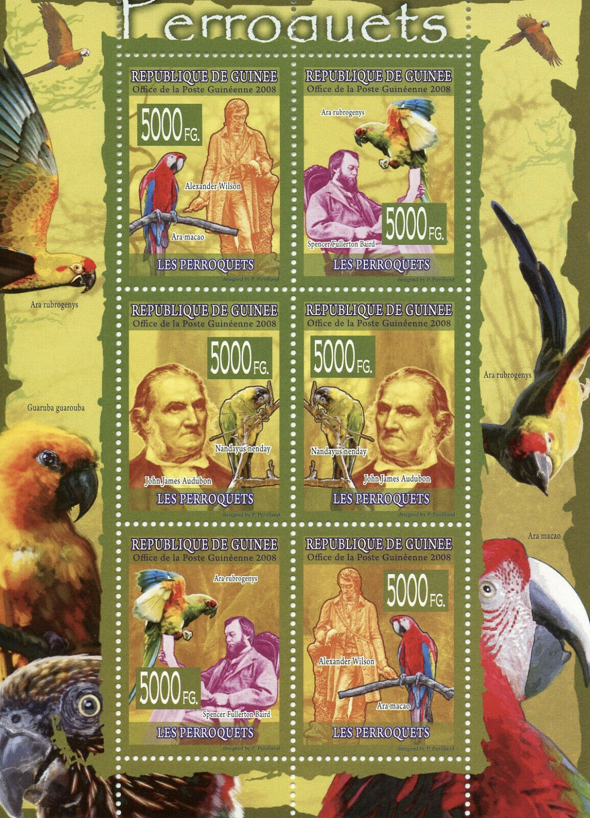Guinea Birds on Stamps 2008 MNH Parrots Macaws John James Audubon Wilson 6v M/S