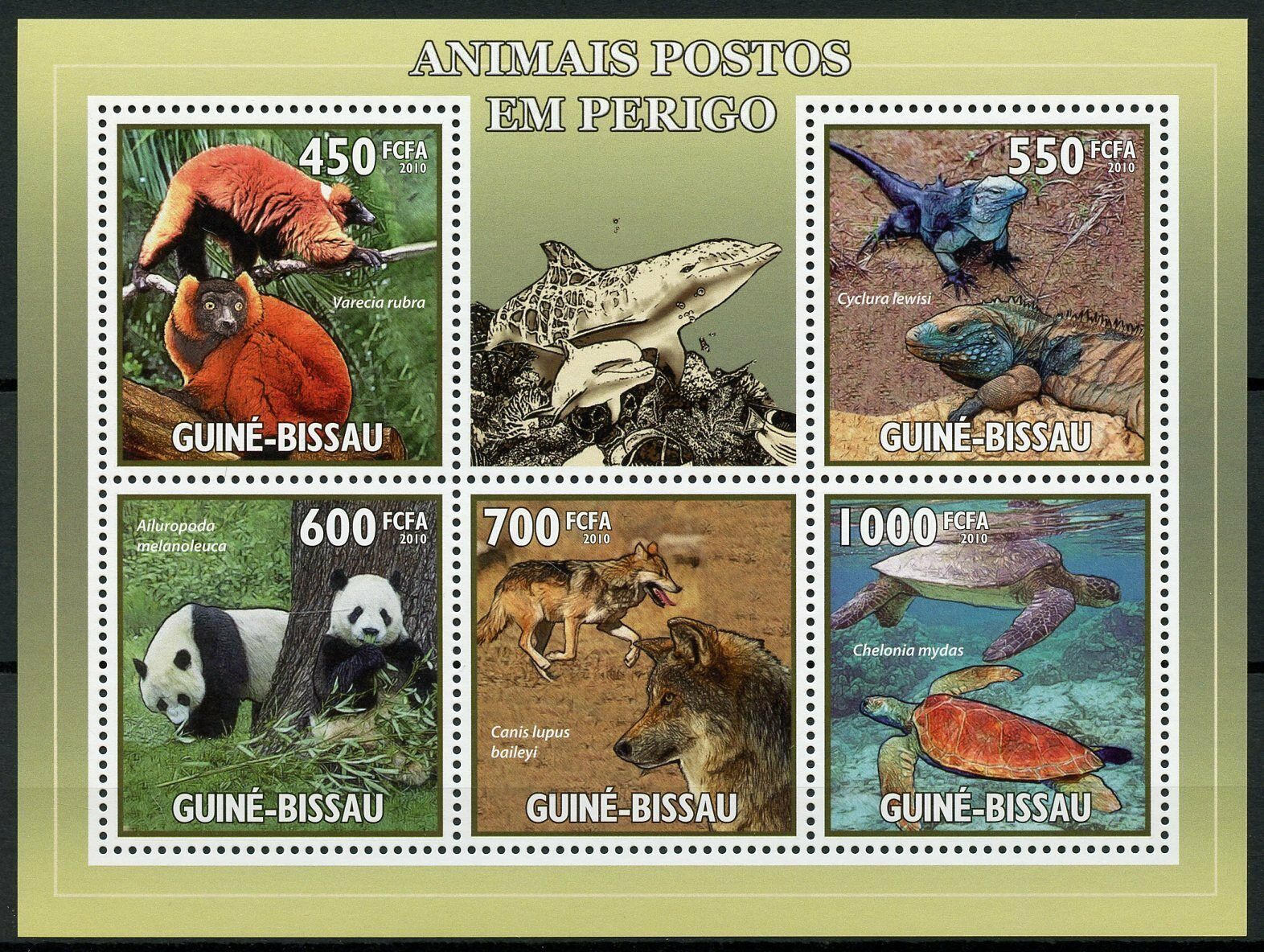 Guinea-Bissau Wild Animals Stamps 2010 MNH Pandas Lemurs Turtles Lizards 5v M/S