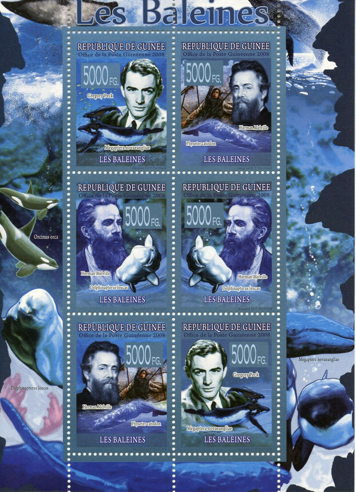 Guinea Whales Stamps 2008 MNH Marine Animals Herman Melville Gregory Peck 6v M/S