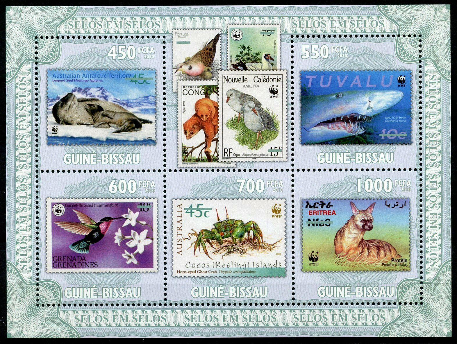 Guinea-Bissau Stamps-on-Stamps Stamps 2010 MNH Birds Sharks Wild Animals 5v M/S