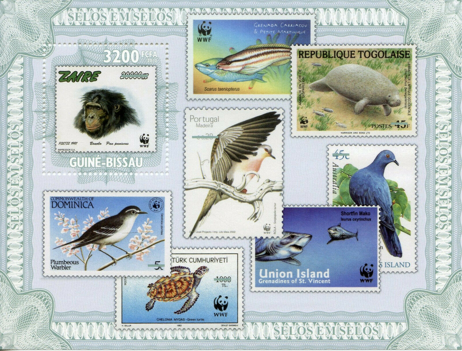 Guinea-Bissau Stamps-on-Stamps Stamps 2010 MNH Birds Monkeys Wild Animals 1v S/S