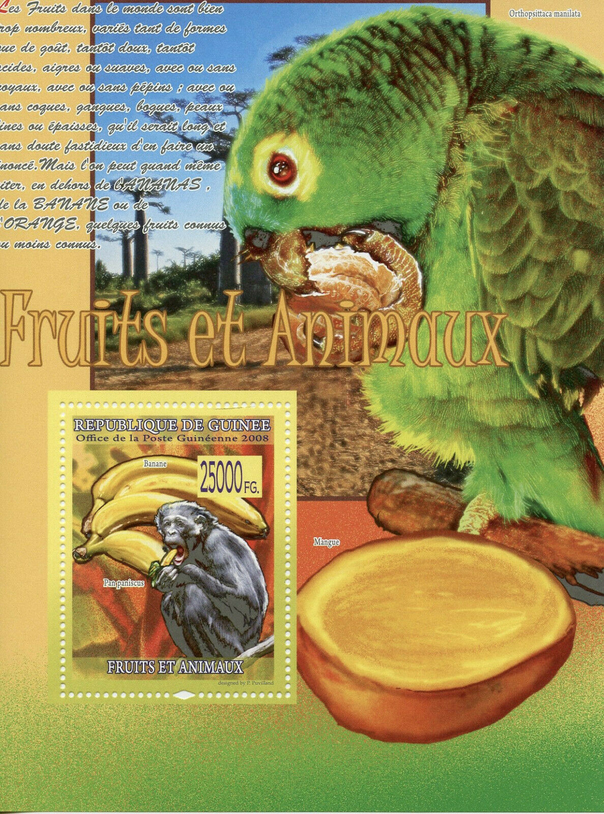 Guinea Fruits & Wild Animals Stamps 2008 MNH Bonobo Apes Bananas 1v S/S II