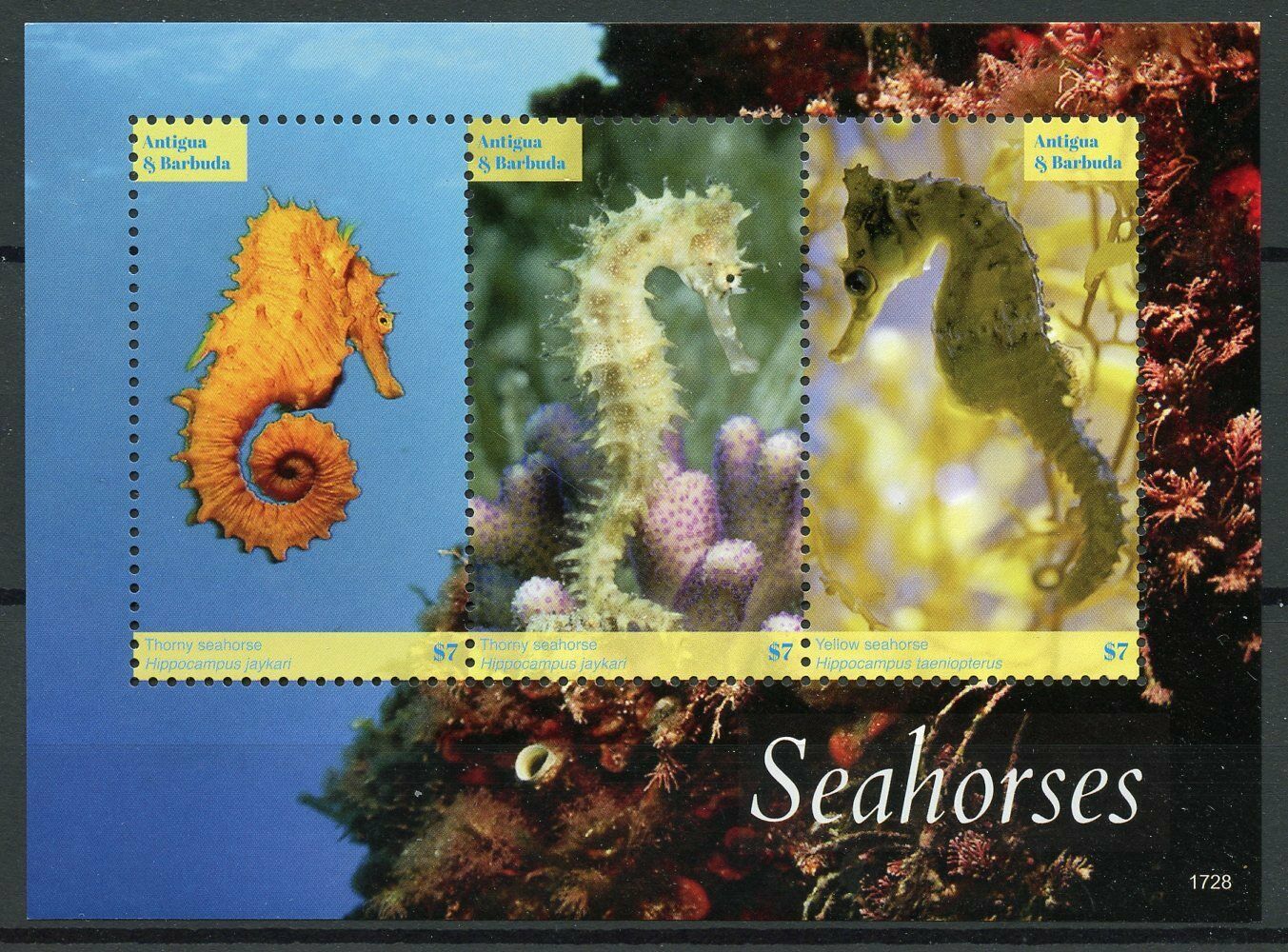 Antigua & Barbuda 2017 MNH Marine Animals Stamps Seahorses Seahorse Corals 3v M/S