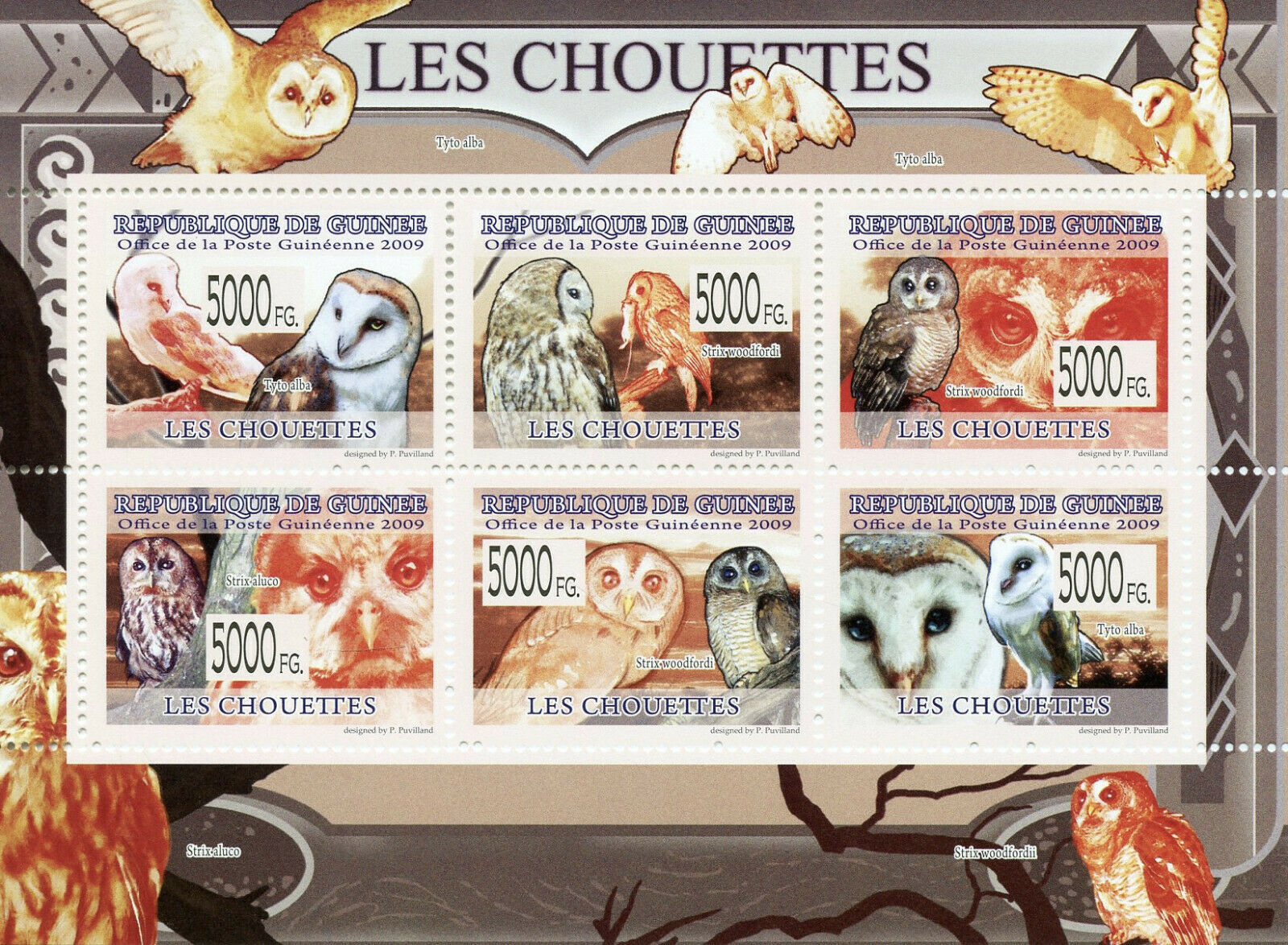 Guinea Birds on Stamps 2009 MNH Owls Barn Tawny Owl Fauna 6v M/S