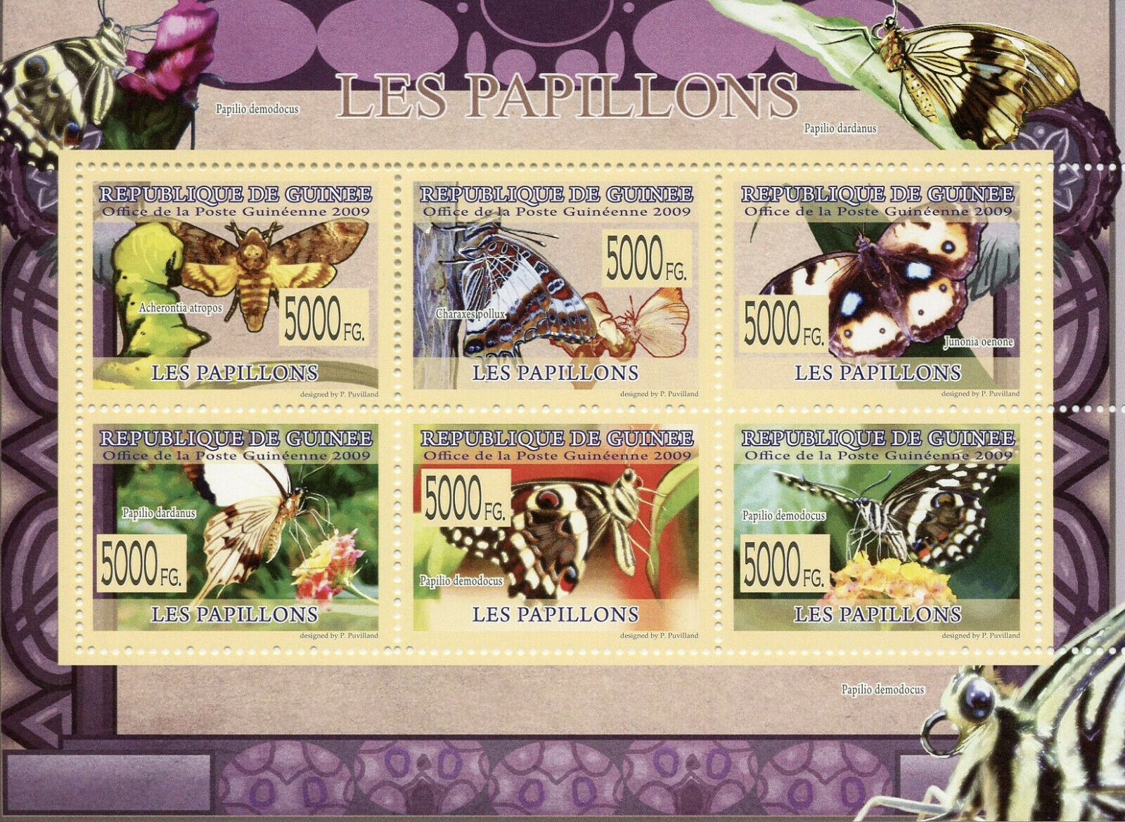 Guinea Butterflies Stamps 2009 MNH Charaxes Blue Pansy Butterfly Insects 6v M/S