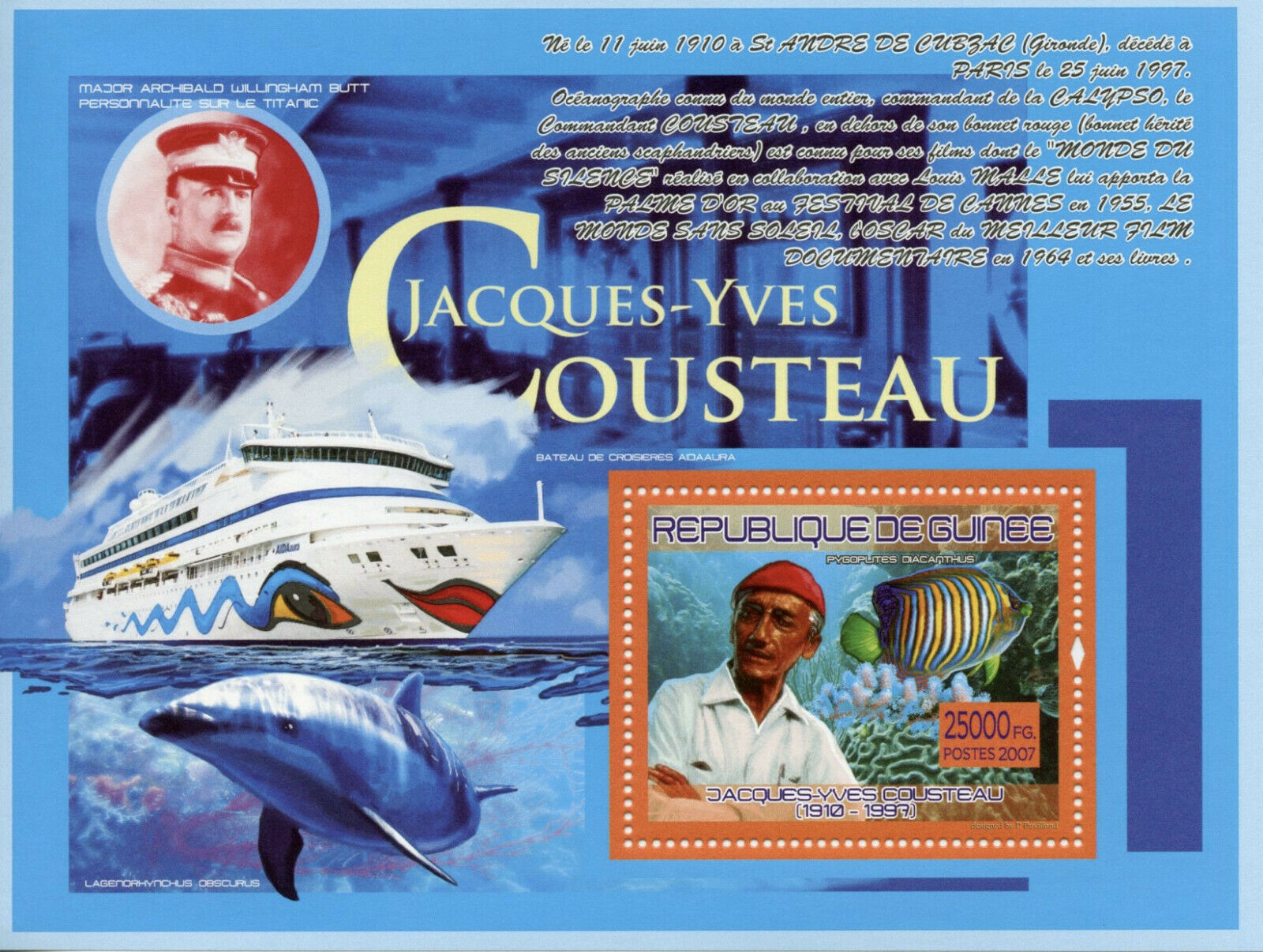 Guinea Famous People Stamps 2007 MNH Jacques-Yves Cousteau Diving Fish 1v S/S I