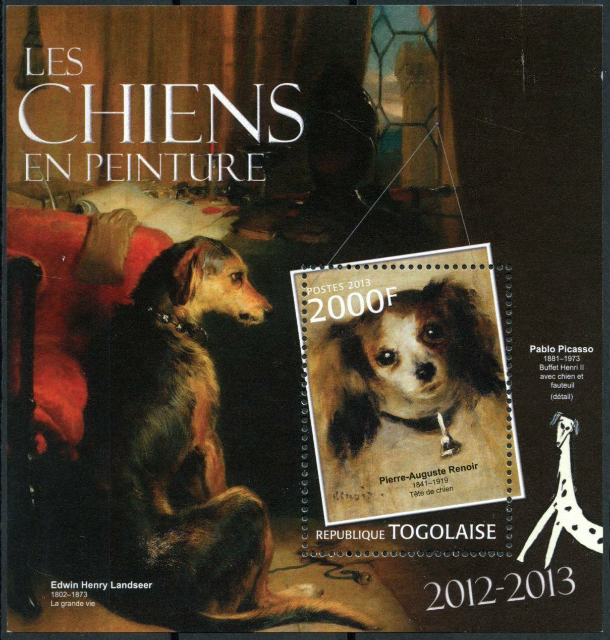 Togo Art Stamps 2013 MNH Dogs in Paintings Pierre-Auguste Renoir Picasso 1v S/S