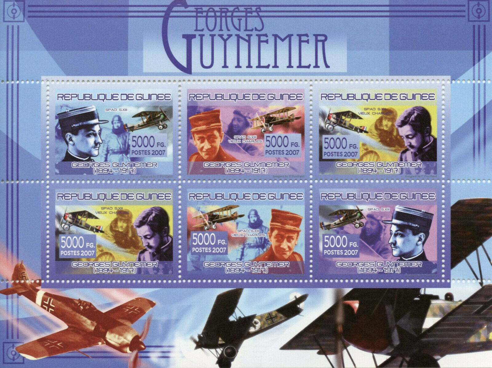Guinea Aviation Stamps 2007 MNH Georges Guynemer WWI WW1 Fighter Ace 6v M/S