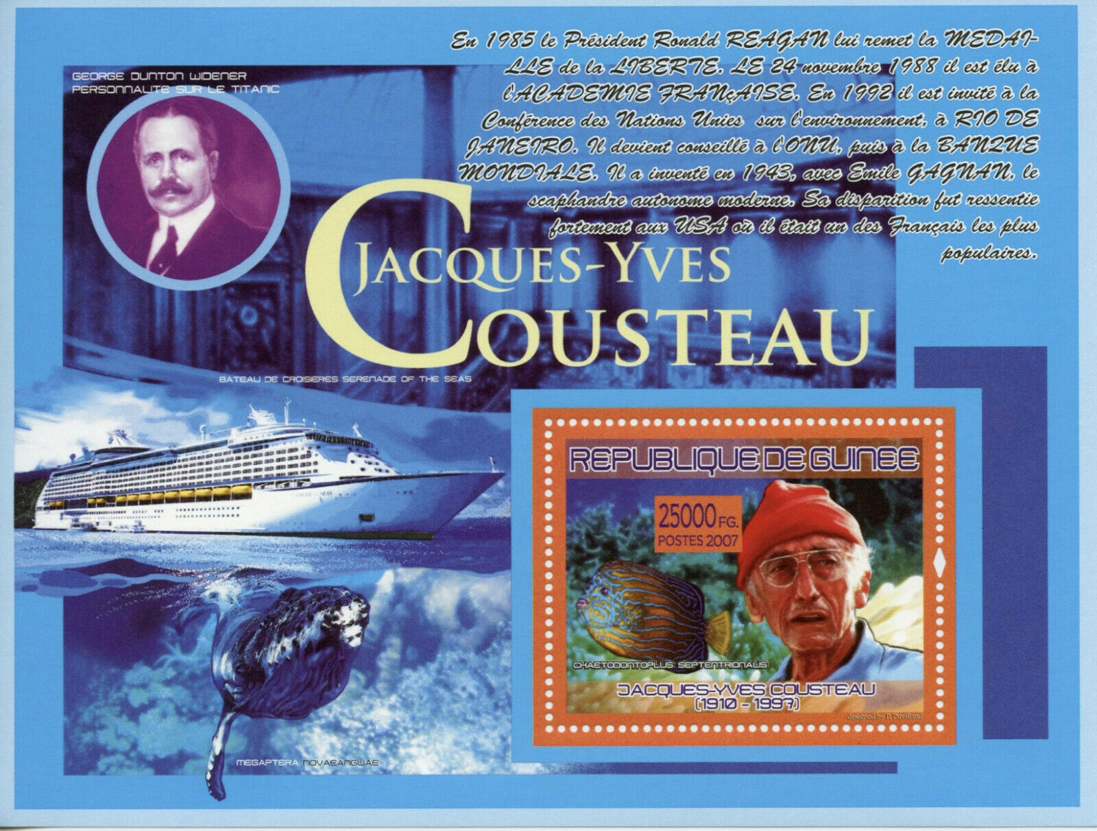 Guinea Famous People Stamps 2007 MNH Jacques-Yves Cousteau Diving Fish 1v S/S II