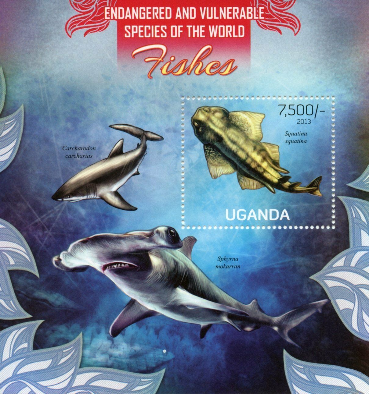 Uganda 2013 MNH Fish Stamps Fishes Endangered Species Sharks 1v S/S