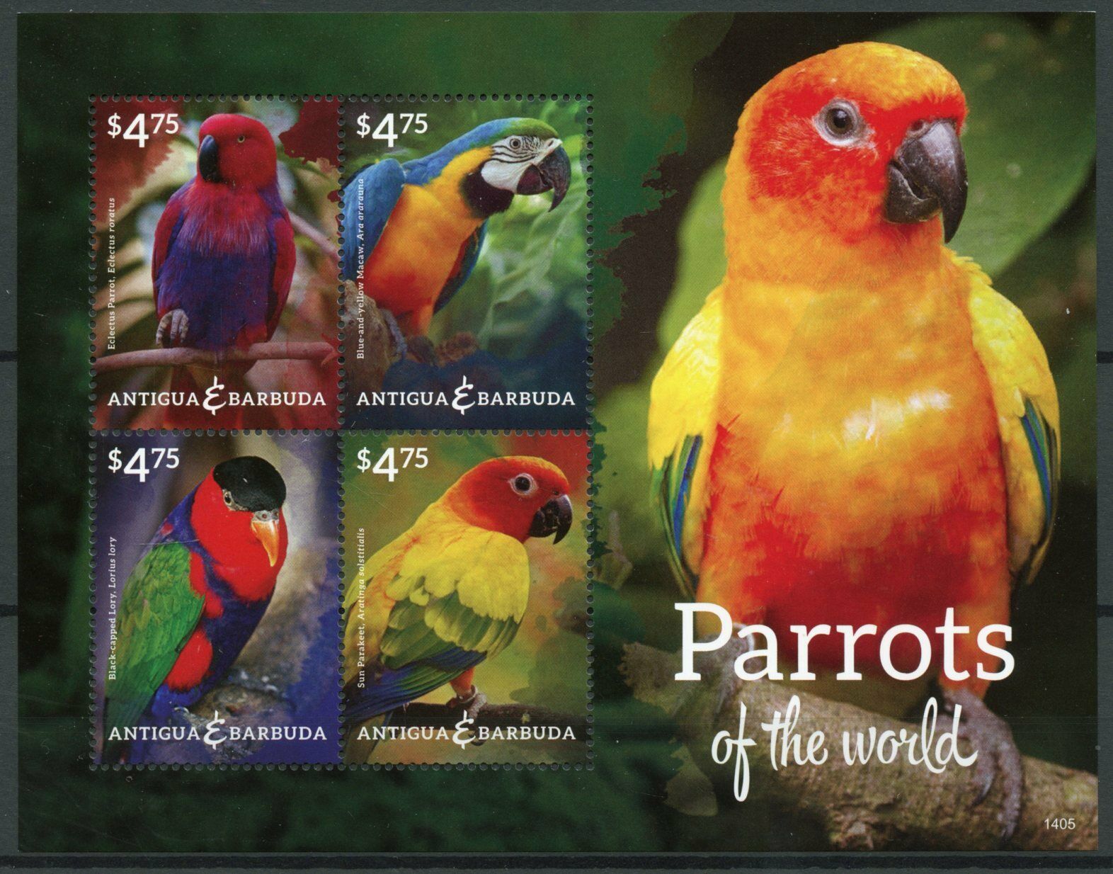 Antigua & Barbuda 2014 MNH Birds on Stamps Parrots of World Macaws 4v M/S I