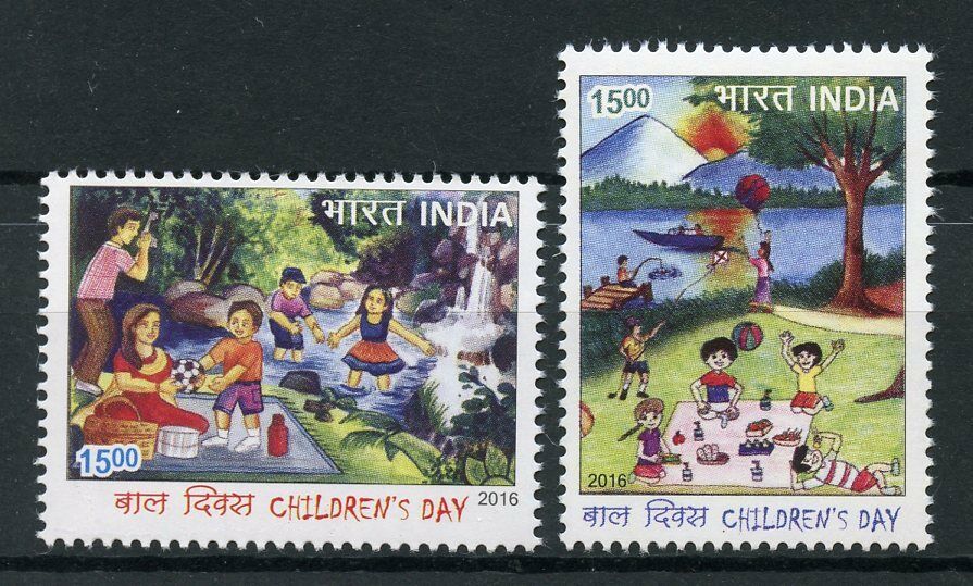 India 2016 MNH Children's Day Picnic 2v Set Trees Flowers Landscapes Stamps