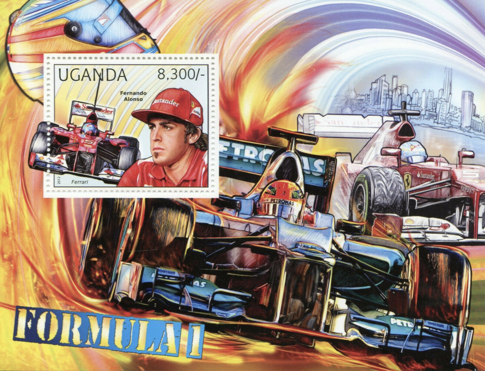 Uganda Sports Stamps 2012 MNH F1 Formula 1 Ferrari Fernando Alonso 1v S/S