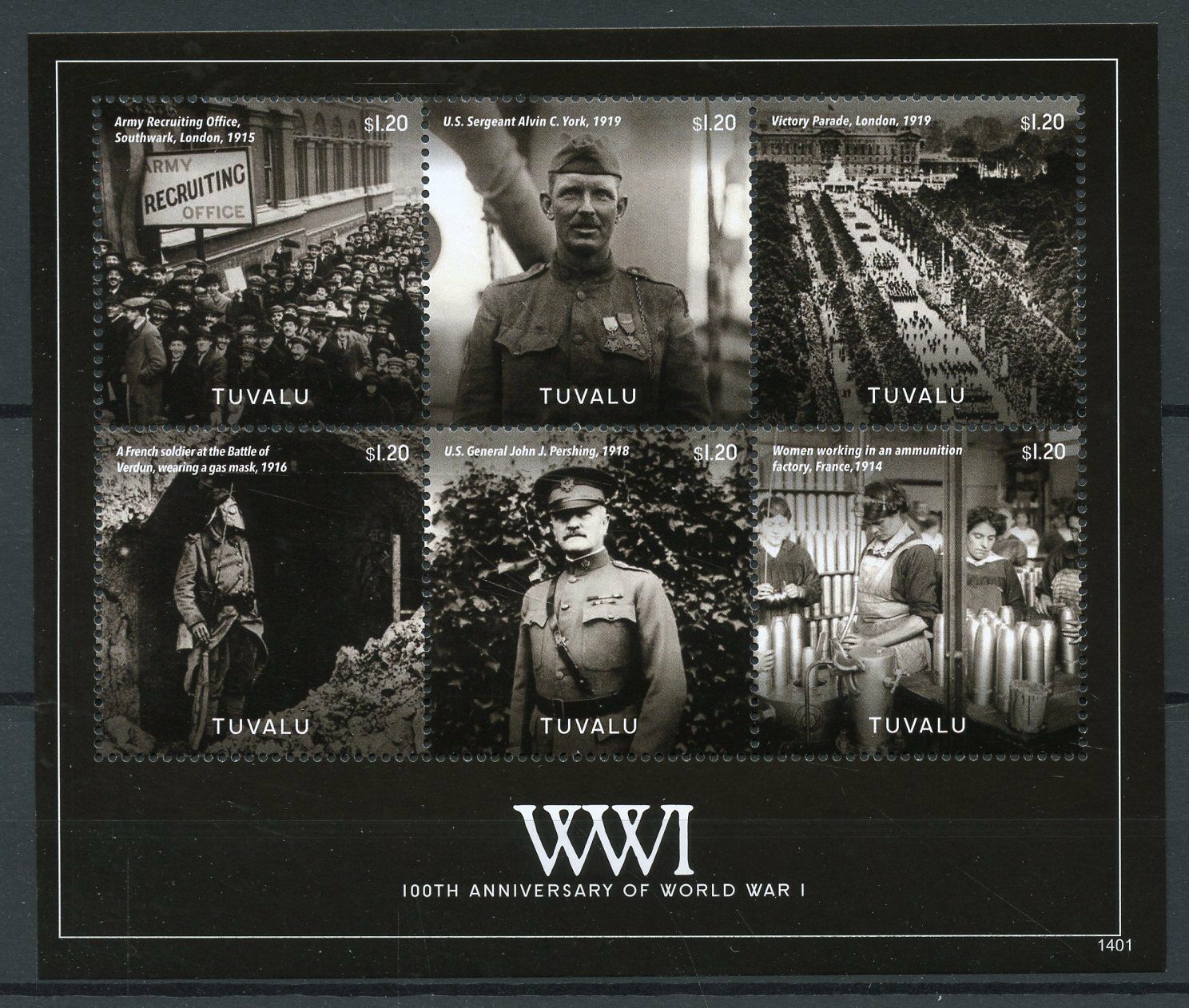 Tuvalu 2014 MNH WWI WW1 World War I 100th Ann Alvin York Pershing 6v M/S Stamps