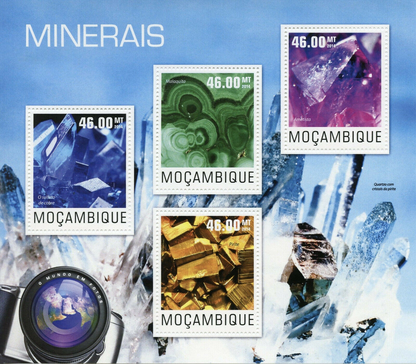 Mozambique Minerals Stamps 2014 MNH Malachite Amethyst Pyrite Nature 4v M/S
