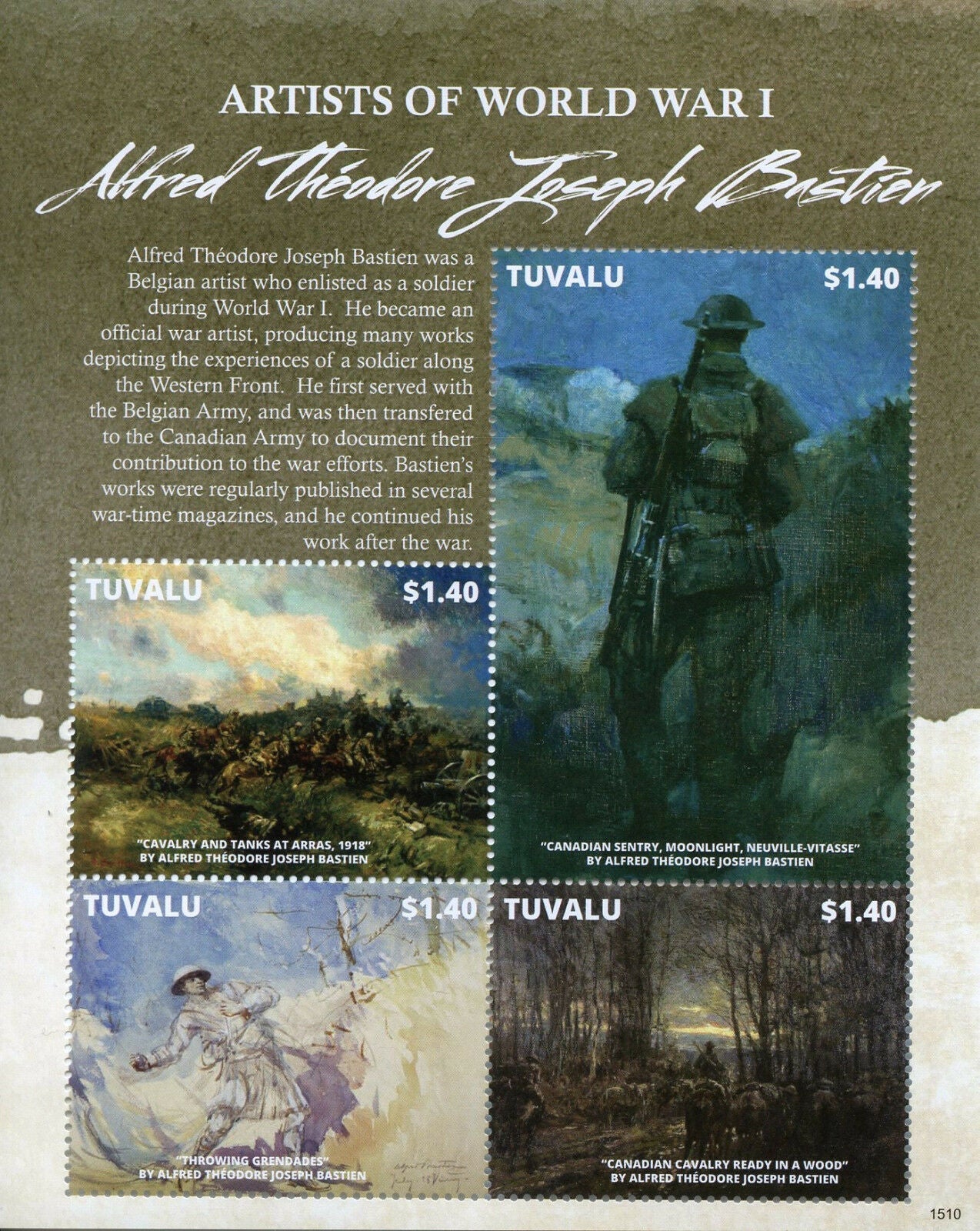 Tuvalu 2015 MNH Military Stamps WW1 WWI Artists First World War I Alfred Bastien Paintings 4v M/S