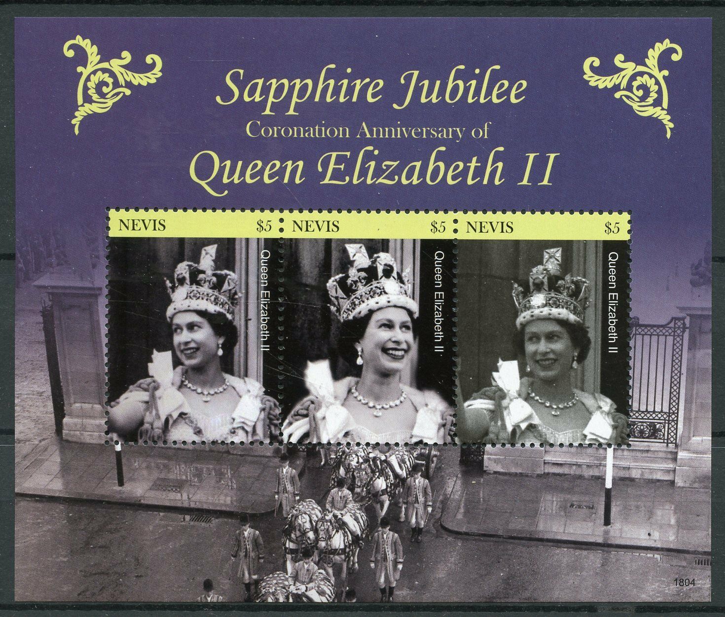 Nevis 2018 MNH Royalty Stamps Queen Elizabeth II Coronation Sapphire 3v M/S