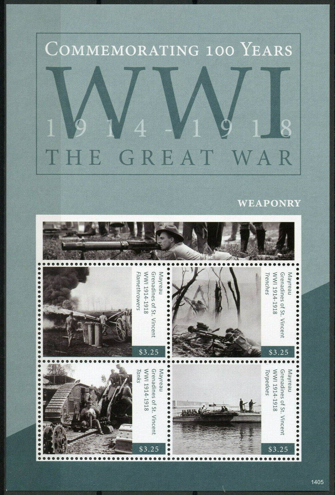 Mayreau Gren St Vincent 2014 MNH WW1 WWI World War I Weaponry 4v M/S Stamps