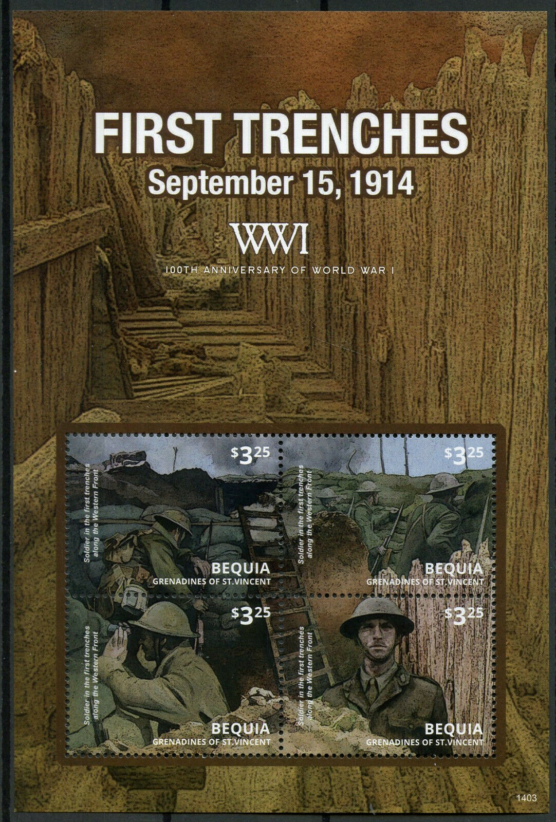 Bequia Gren St Vincent Military Stamps 2014 MNH WWI WW1 First Trenches 4v M/S