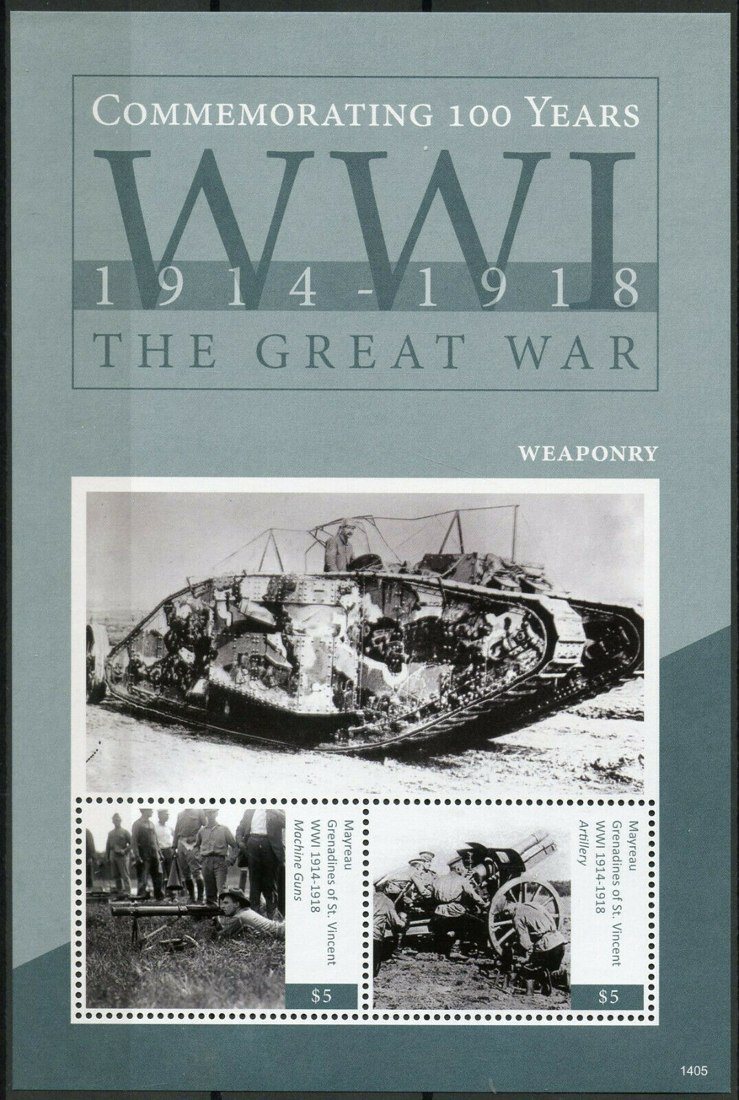 Mayreau Gren St Vincent 2014 MNH WWI WW1 World War I Weaponry 2v S/S Stamps