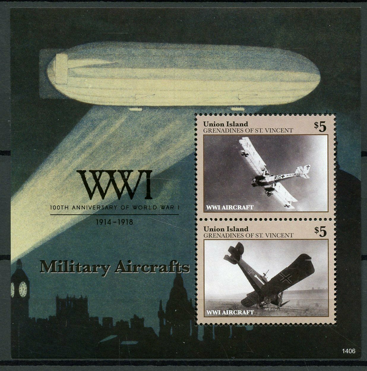 Union Island Gren St Vincent 2014 MNH WWI WW1 Military Aircrafts 2v S/S Stamps