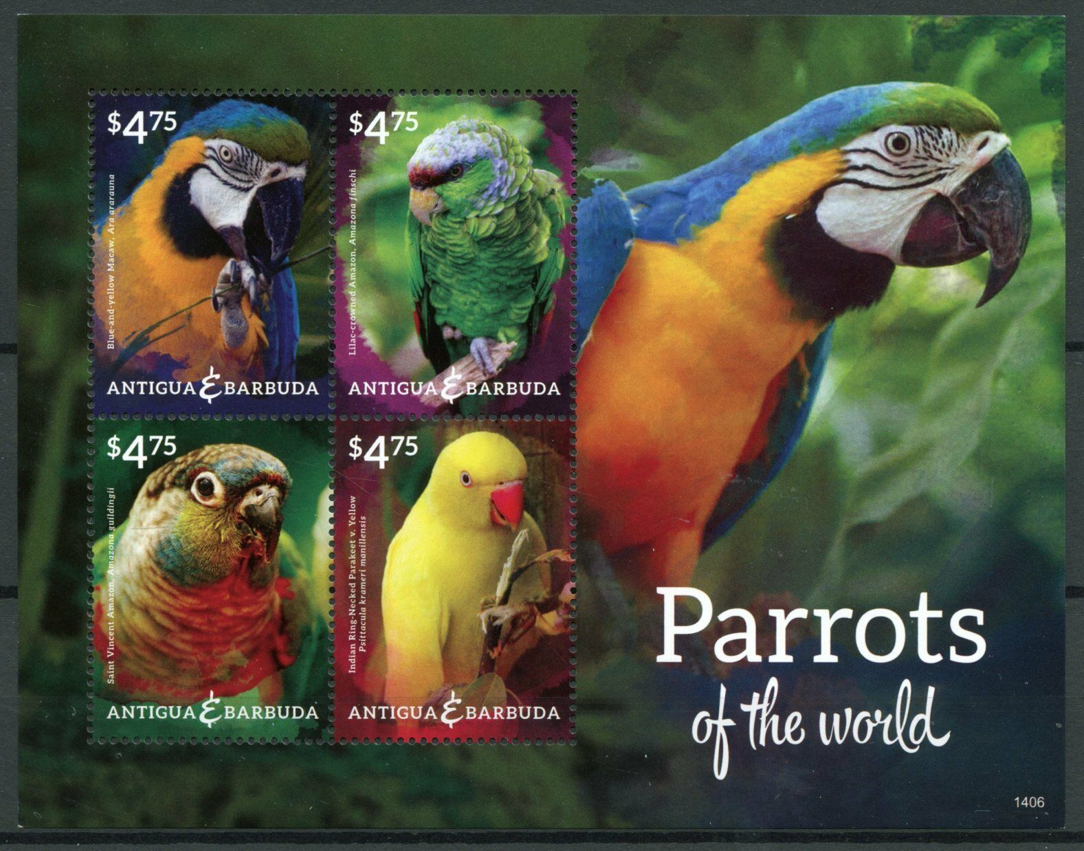 Antigua & Barbuda 2014 MNH Birds on Stamps Parrots of World Macaws 4v M/S II