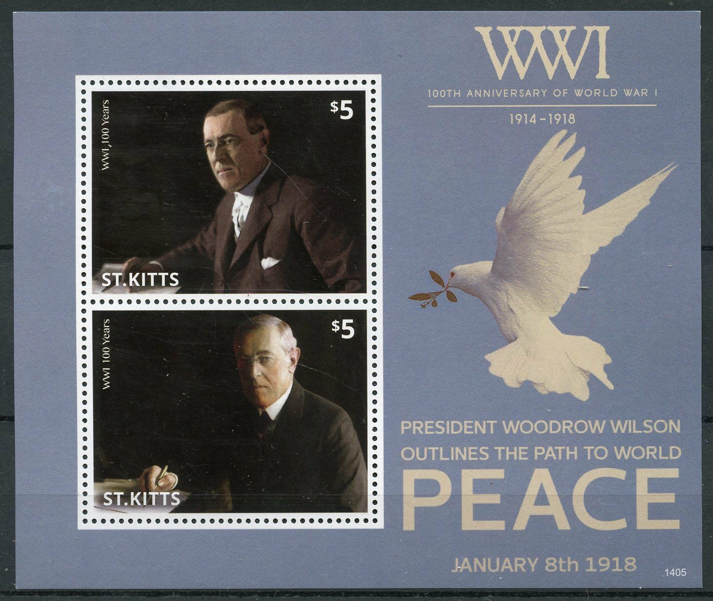 St Kitts 2014 MNH WWI WW1 Peace Woodrow Wilson 2v S/S Military War Stamps