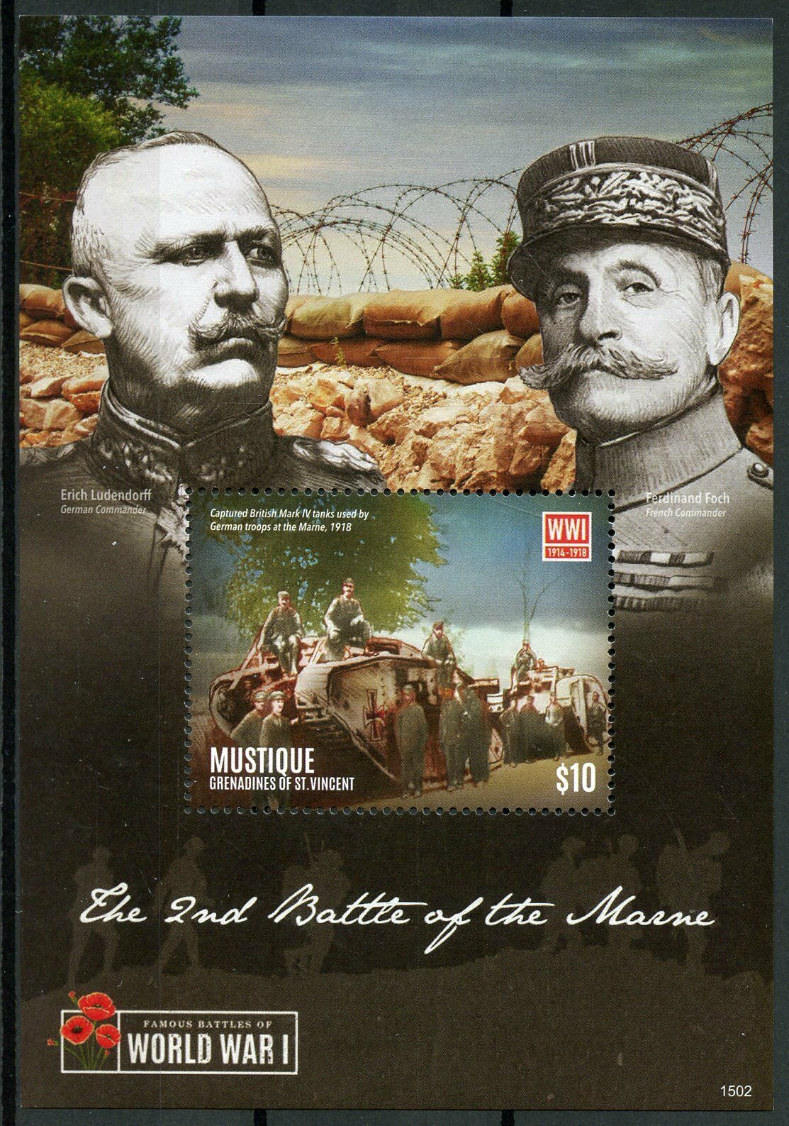 Mustique Gren St Vincent 2015 MNH WWI WW1 2nd Battle Marne 1v S/S Tanks Stamps