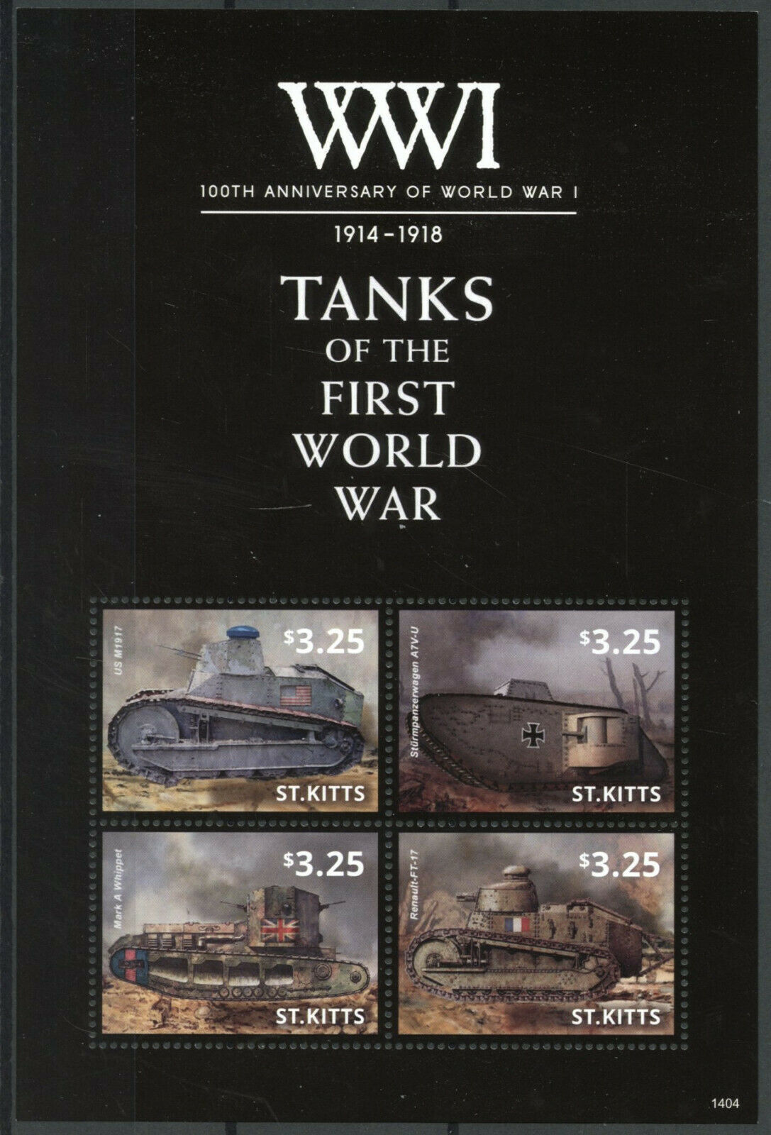 St Kitts Military Stamps 2014 MNH WWI WW1 100th First World War I Tanks 4v M/S