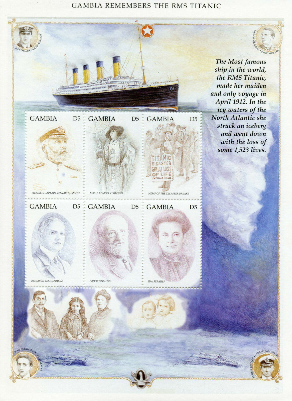 Gambia Ships Stamps 1998 MNH RMS Titanic Captain Edward Smith Boats 6v M/S